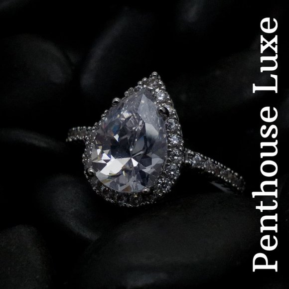 Teardrop Halo Paved Silver Ring - Picture 3 of 7